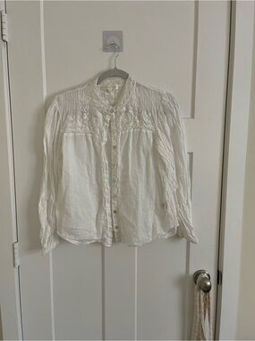 LoveShackFancy White Embroidered Button-Up Blouse